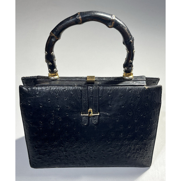 Vintage Black Leather Tote Bamboo Top Handle Bag Handbag Purse Snap Close Retro
